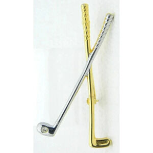 Vintage PAQUETTE Gold & Silver Tone Metal Golf Clubs Clear Rhinestone Pin Brooch